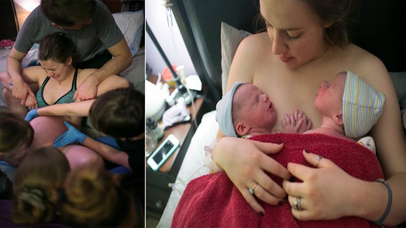 A photographer captures the emotional moment of a young mother welcoming twins.