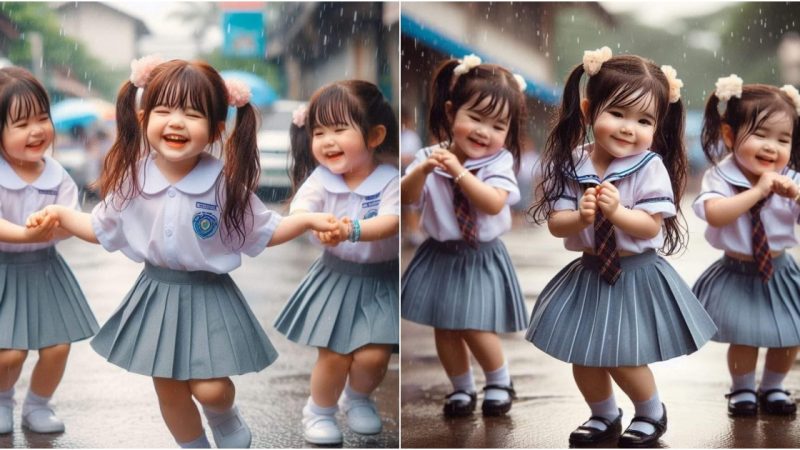 Rain Showers and Childhood Romance: Little Ones in Uniform Evoking Unforgettable Emotions Amidst the Rain