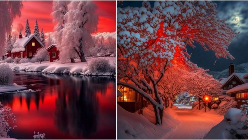 Exploring the Enchanting Winter Wonderland: Snowy Glacial Landscape, Red Willow Trees, and Dusk Sunset River Village